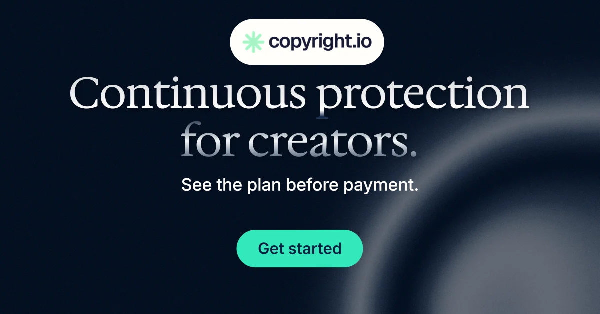 Social ad for copyright.io: "Continuous protection for creators." Y2K style, centred layout, dark palette in black, grey.