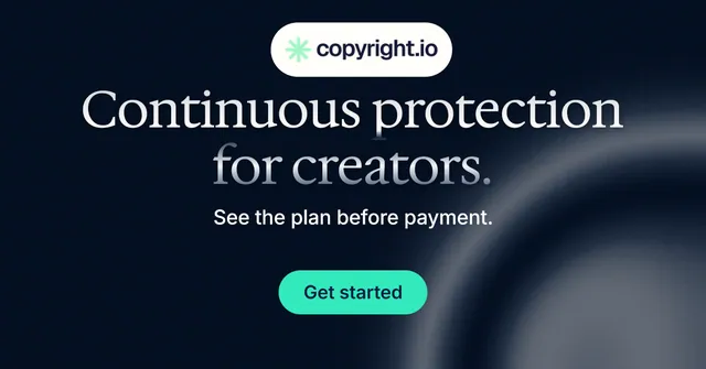 Social ad for copyright.io: "Continuous protection for creators." Y2K style, centred layout, dark palette in black, grey.