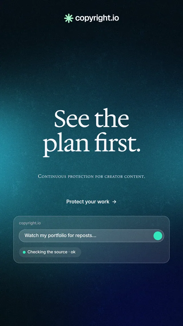 Instagram story for copyright.io: "See the plan first." Agentic glass style, smallcaps layout, dark palette in black, teal, blue.