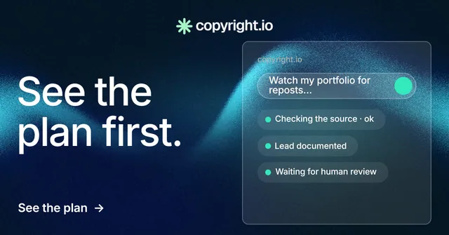 Social ad for copyright.io: "See the plan first." Minimal luxury style, bottom layout, dark palette in blue, black.