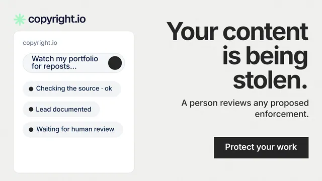 Landscape graphic for copyright.io: "Your content is being stolen." Swiss style, right layout, light palette in white, grey.