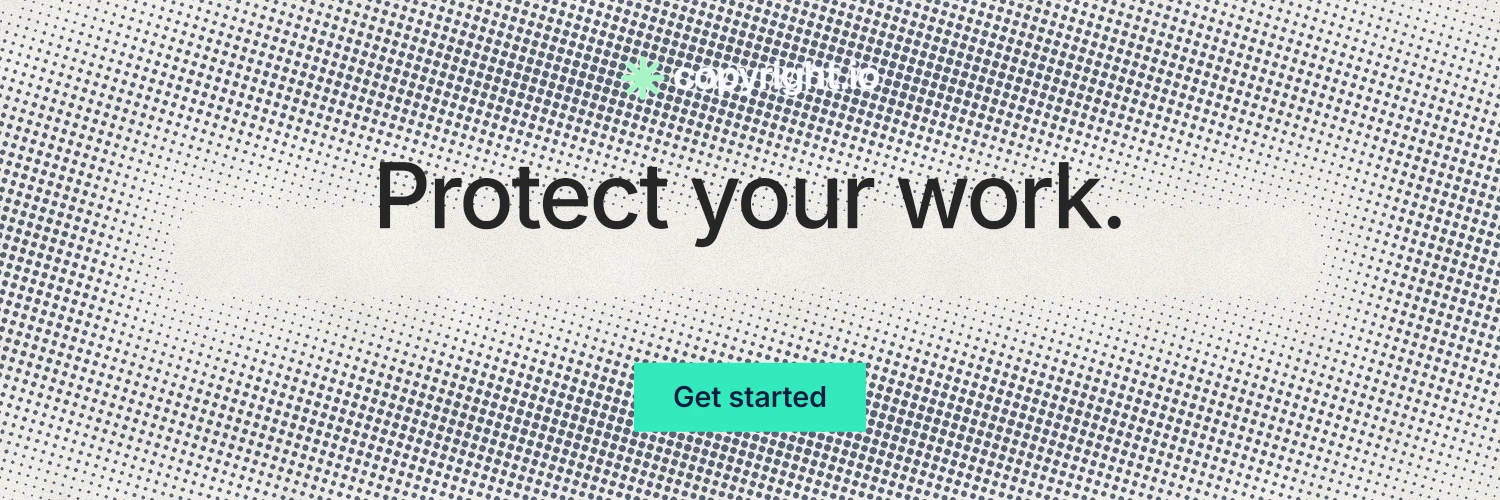 X header for copyright.io: "Protect your work." Swiss style, centred layout, light palette in grey, white, yellow.
