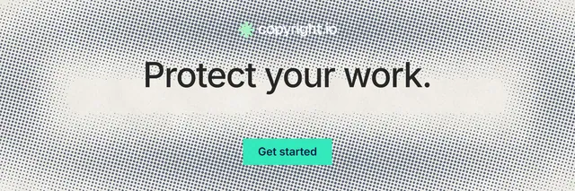 X header for copyright.io: "Protect your work." Swiss style, centred layout, light palette in grey, white, yellow.