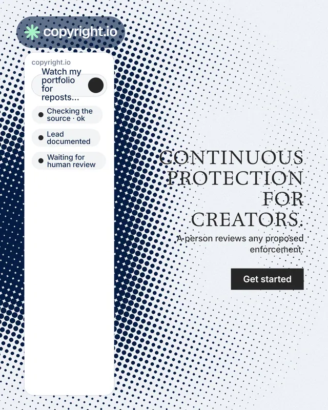 Instagram portrait post for copyright.io: "Continuous protection for creators." Split block style, right layout, light palette in white, grey.