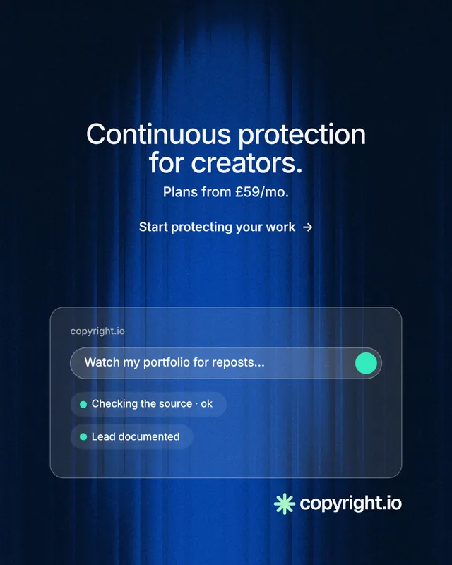 Instagram portrait post for copyright.io: "Continuous protection for creators." Minimal luxury style, centred layout, dark palette in blue, black.