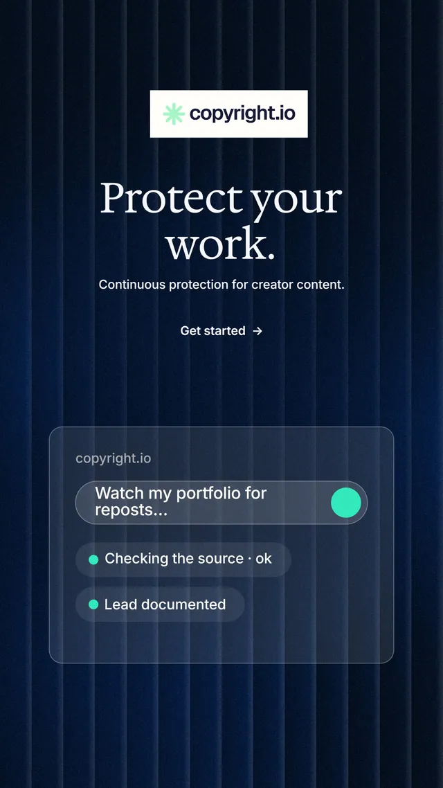 Instagram story for copyright.io: "Protect your work." Minimal luxury style, centred layout, dark palette in black, blue, grey.