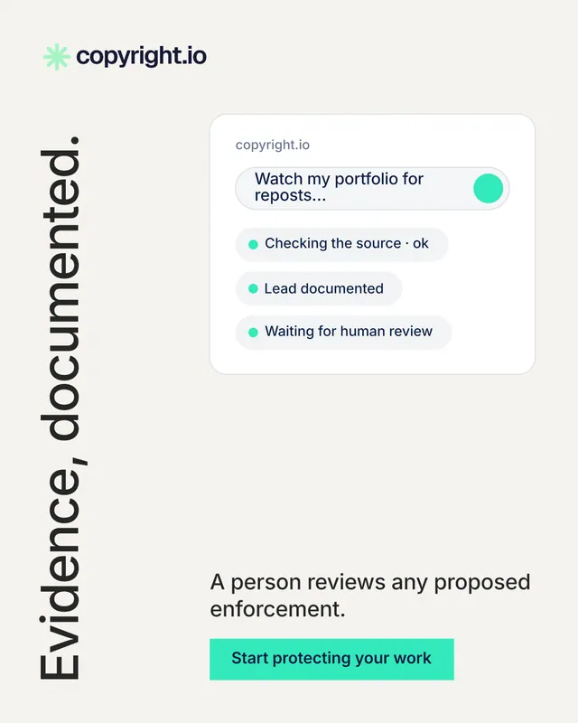 Instagram portrait post for copyright.io: "Evidence, documented." Swiss style, vertical layout, light palette in white, teal.