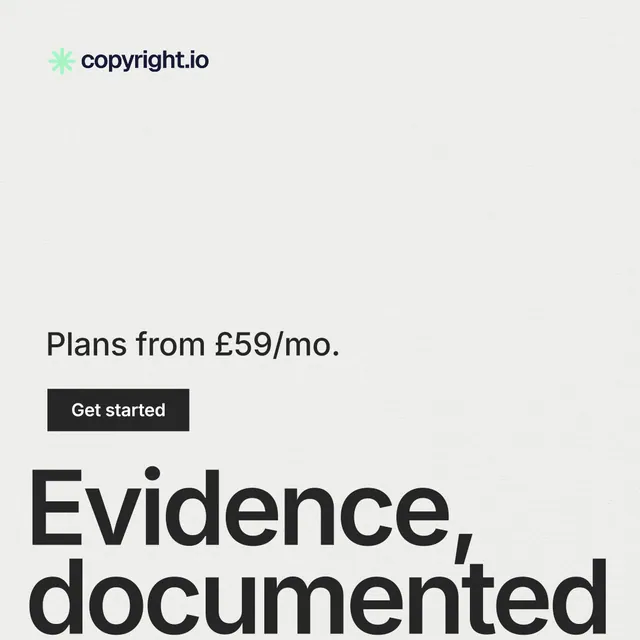 Instagram post for copyright.io: "Continuous protection for creators." Swiss style, oversized layout, light palette in white, grey.