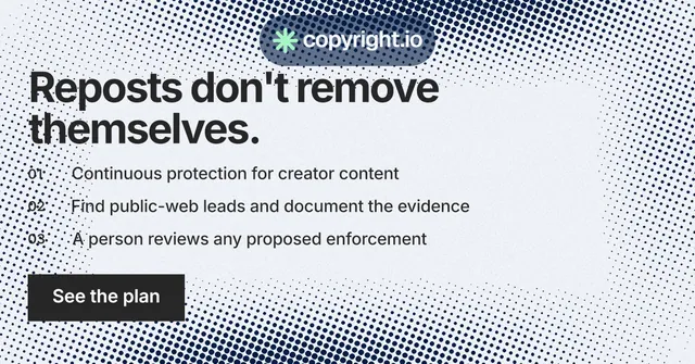 Social ad for copyright.io: "Reposts don't remove themselves." Swiss style, numbered layout, light palette in white, blue, grey.