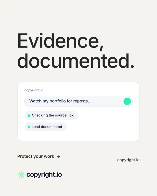 Instagram portrait post for copyright.io: "Evidence, documented." Minimal luxury style, poster layout, light palette in white, grey.