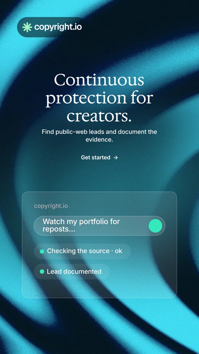Instagram story for copyright.io: "Continuous protection for creators." Minimal luxury style, centred layout, dark palette in black, teal, blue.