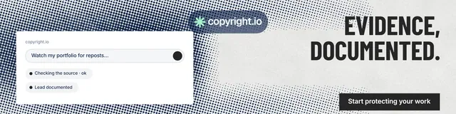 LinkedIn banner for copyright.io: "Evidence, documented." Retro print style, right layout, light palette in white, grey.