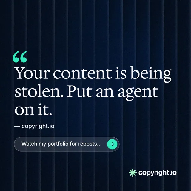 Instagram post for copyright.io: "Protect your work." Agentic glass style, quote layout, dark palette in black, blue, grey.