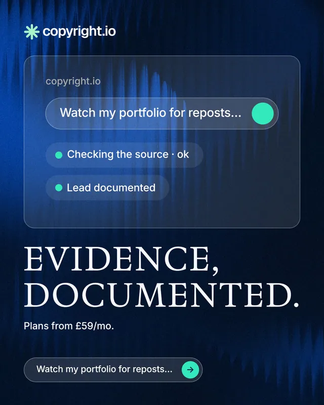 Instagram portrait post for copyright.io: "Evidence, documented." Agentic glass style, bottom layout, dark palette in black, blue.