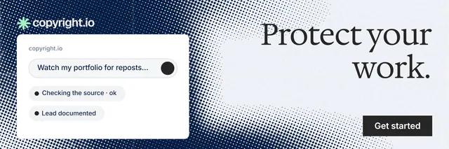 X header for copyright.io: "Protect your work." Split block style, right layout, light palette in white, blue.