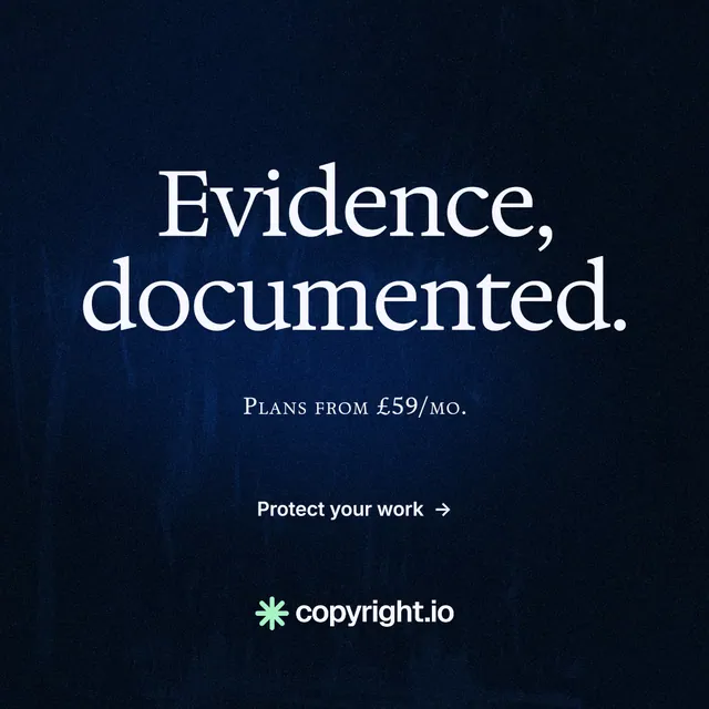 Instagram post for copyright.io: "Evidence, documented." Minimal luxury style, smallcaps layout, dark palette in black, blue.