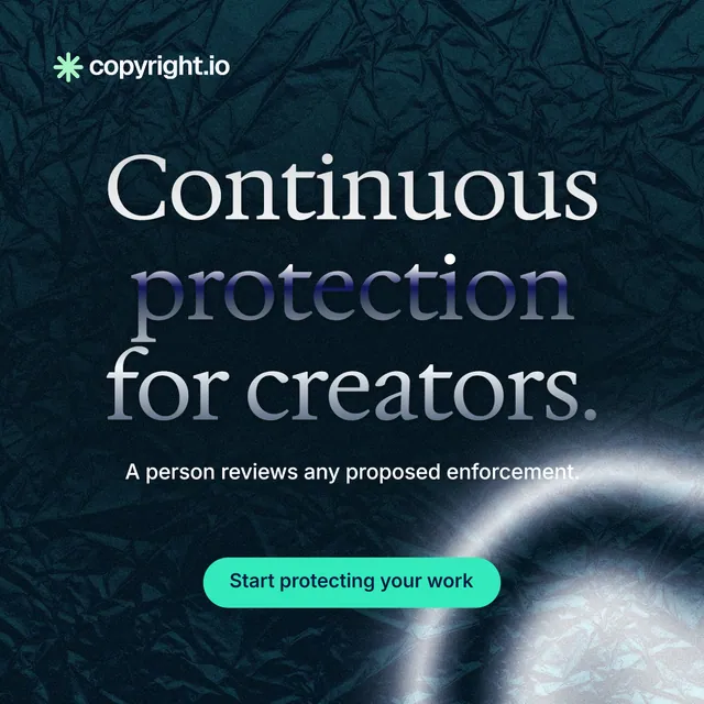 Instagram post for copyright.io: "Continuous protection for creators." Y2K style, centred layout, dark palette in blue, black, grey.