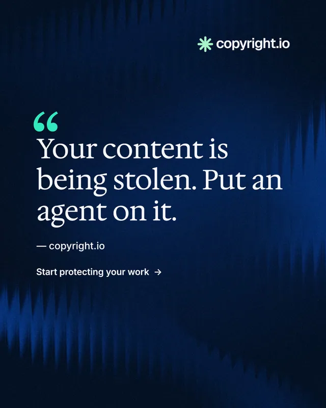 Instagram portrait post for copyright.io: "Protect your work." Minimal luxury style, quote layout, dark palette in blue, black.