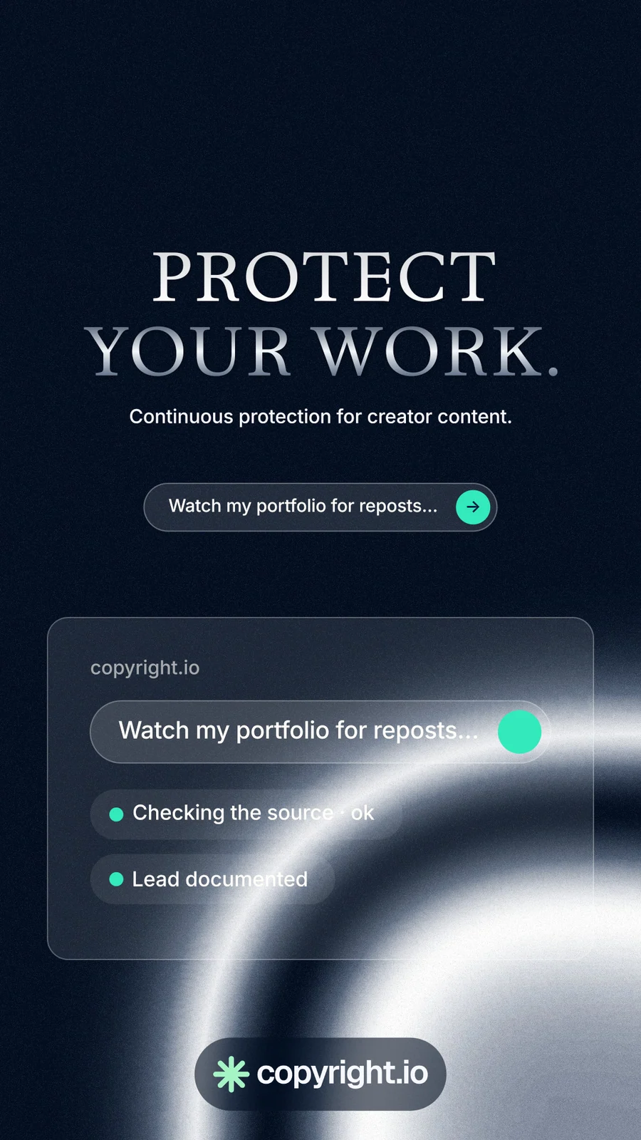 Instagram story for copyright.io: "Protect your work." Agentic glass style, centred layout, dark palette in black, blue, grey.