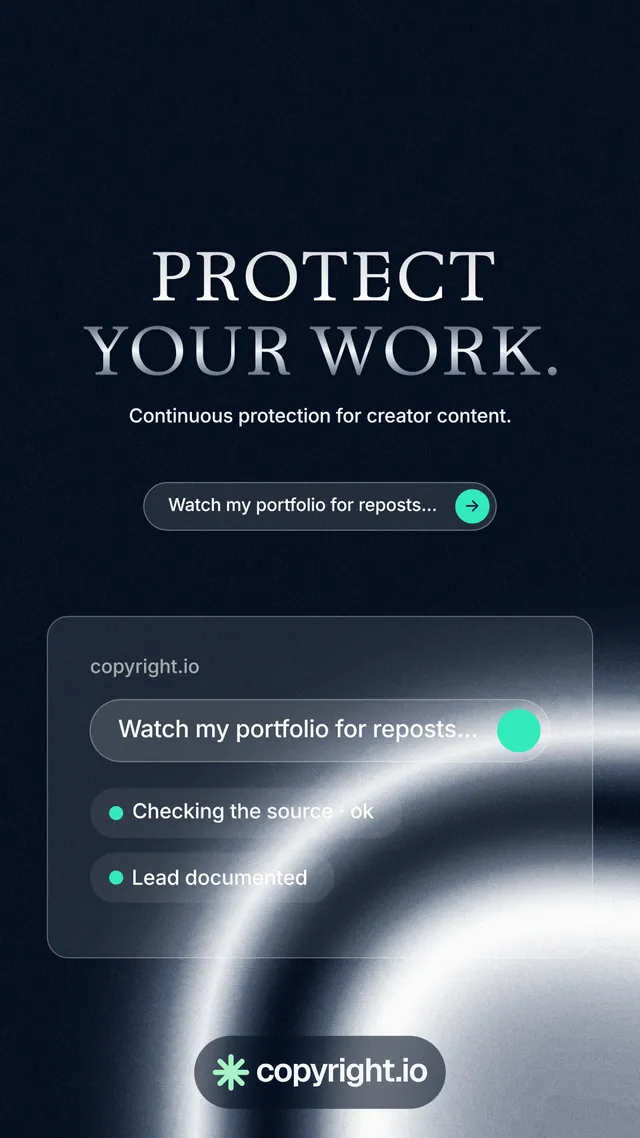 Instagram story for copyright.io: "Protect your work." Agentic glass style, centred layout, dark palette in black, blue, grey.