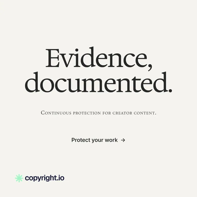 Instagram post for copyright.io: "Evidence, documented." Swiss style, smallcaps layout, light palette in white, grey.