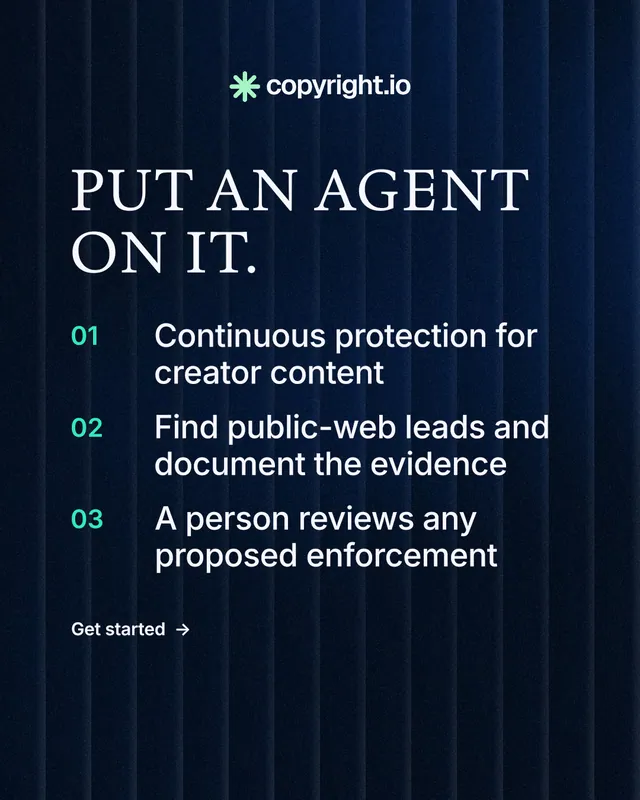Instagram portrait post for copyright.io: "Put an agent on it." Minimal luxury style, numbered layout, dark palette in black, blue.