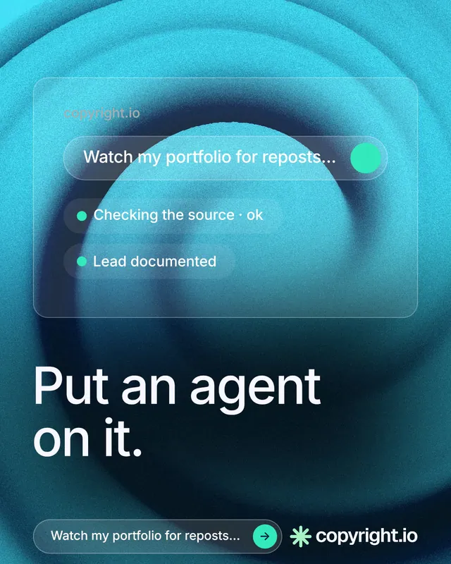 Instagram portrait post for copyright.io: "Put an agent on it." Agentic glass style, bottom layout, dark palette in black, blue, teal.