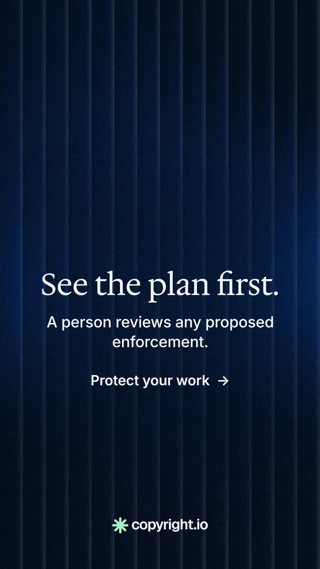 Instagram story for copyright.io: "See the plan first." Minimal luxury style, skeleton layout, dark palette in black, blue.