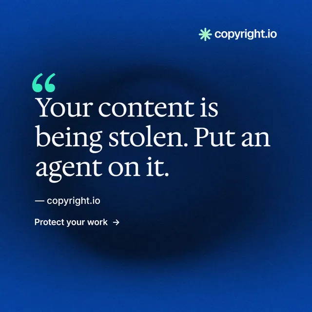 Instagram post for copyright.io: "Protect your work." Minimal luxury style, quote layout, dark palette in blue.