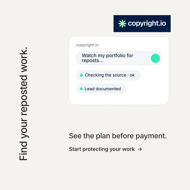 Instagram post for copyright.io: "Find your reposted work." Minimal luxury style, vertical layout, light palette in white, grey.