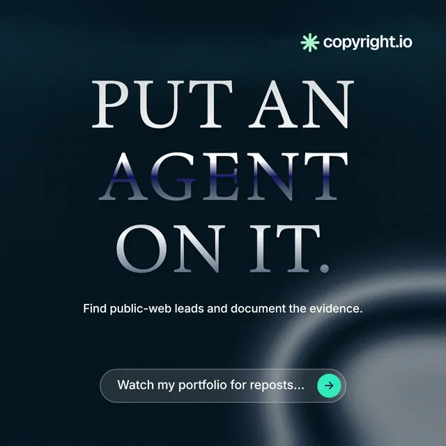 Instagram post for copyright.io: "Put an agent on it." Agentic glass style, centred layout, dark palette in black, grey.