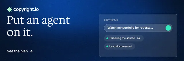 X header for copyright.io: "Put an agent on it." Minimal luxury style, bottom layout, dark palette in blue.