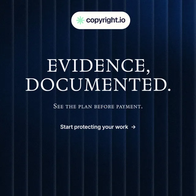 Instagram post for copyright.io: "Evidence, documented." Agentic glass style, smallcaps layout, dark palette in black, blue, grey.