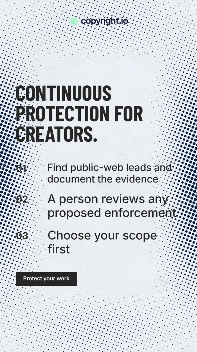 Instagram story for copyright.io: "Continuous protection for creators." Retro print style, numbered layout, light palette in blue, white, grey.