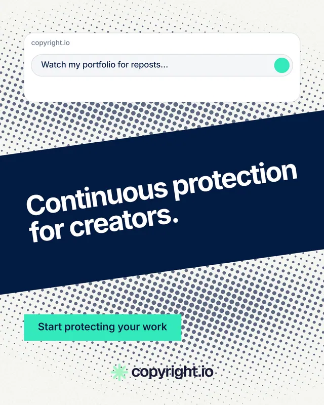 Instagram portrait post for copyright.io: "Continuous protection for creators." Swiss style, diagonal layout, light palette in white, blue, teal.
