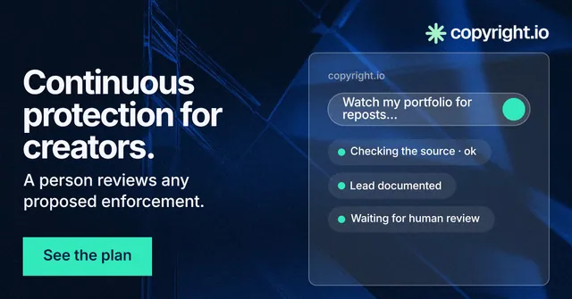 Social ad for copyright.io: "Continuous protection for creators." Swiss style, bottom layout, dark palette in blue, black.