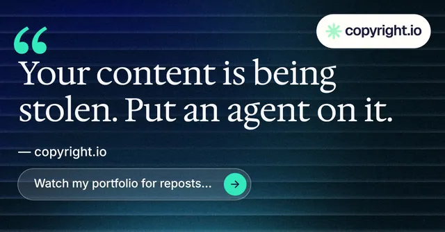 Social ad for copyright.io: "Protect your work." Agentic glass style, quote layout, dark palette in blue, black, grey.