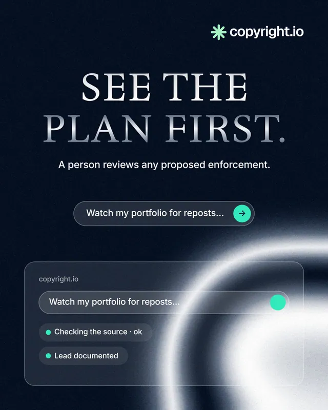 Instagram portrait post for copyright.io: "See the plan first." Agentic glass style, centred layout, dark palette in black, blue, grey.