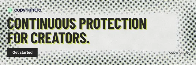 X header for copyright.io: "Continuous protection for creators." Retro print style, poster layout, light palette in grey, white.