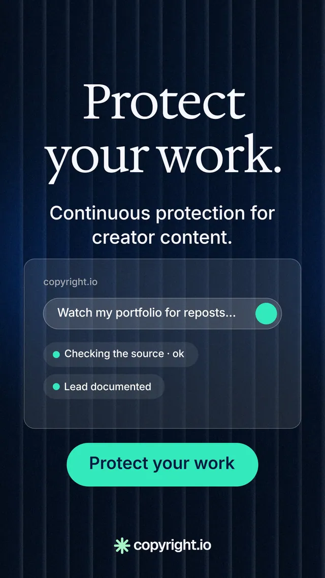 Instagram story for copyright.io: "Protect your work." Agentic glass style, skeleton layout, dark palette in black, blue, teal.