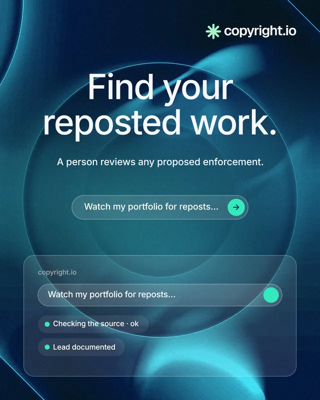 Instagram portrait post for copyright.io: "Find your reposted work." Agentic glass style, centred layout, dark palette in blue, teal.