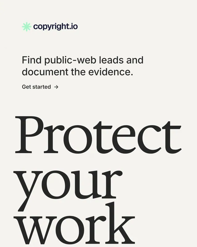 Instagram portrait post for copyright.io: "Protect your work." Minimal luxury style, oversized layout, light palette in white, grey.