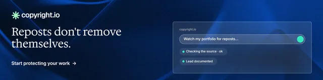 LinkedIn banner for copyright.io: "Reposts don't remove themselves." Minimal luxury style, bottom layout, dark palette in black, blue.