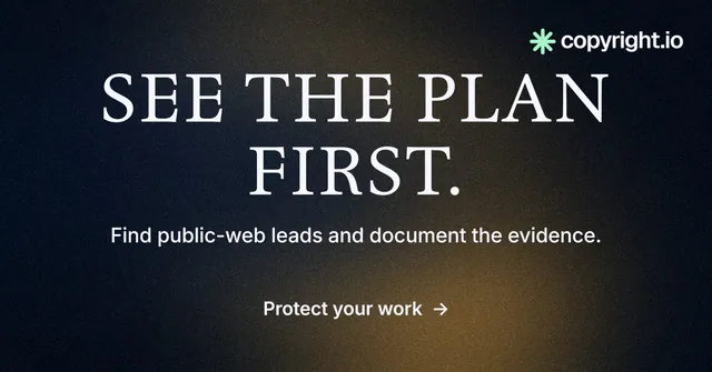 Social ad for copyright.io: "See the plan first." Minimal luxury style, centred layout, dark palette in black, orange, grey.