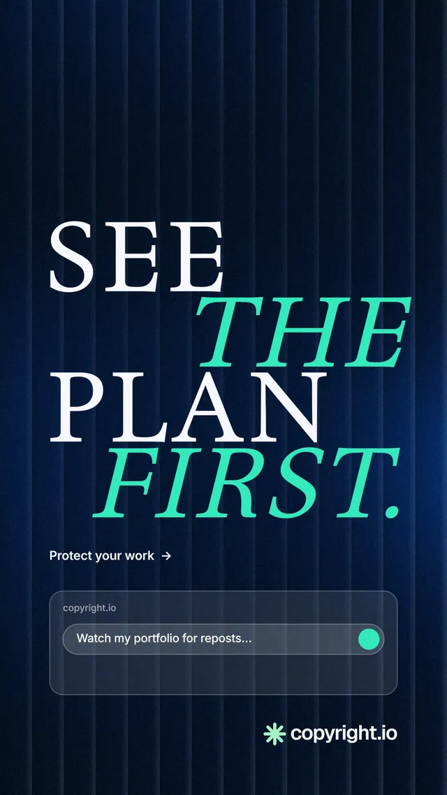 Instagram story for copyright.io: "See the plan first." Minimal luxury style, stacked layout, dark palette in black, blue, teal.