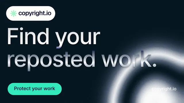 Landscape graphic for copyright.io: "Find your reposted work." Y2K style, poster layout, dark palette in black, grey, blue.
