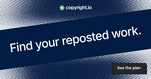 Social ad for copyright.io: "Find your reposted work." Brutalist style, diagonal layout, dark palette in blue, grey.