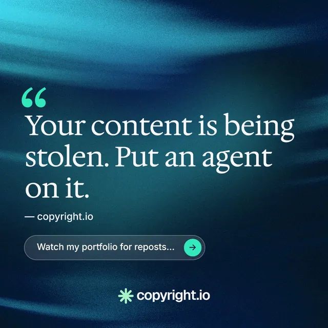 Instagram post for copyright.io: "Put an agent on it." Agentic glass style, quote layout, dark palette in black, blue, teal.