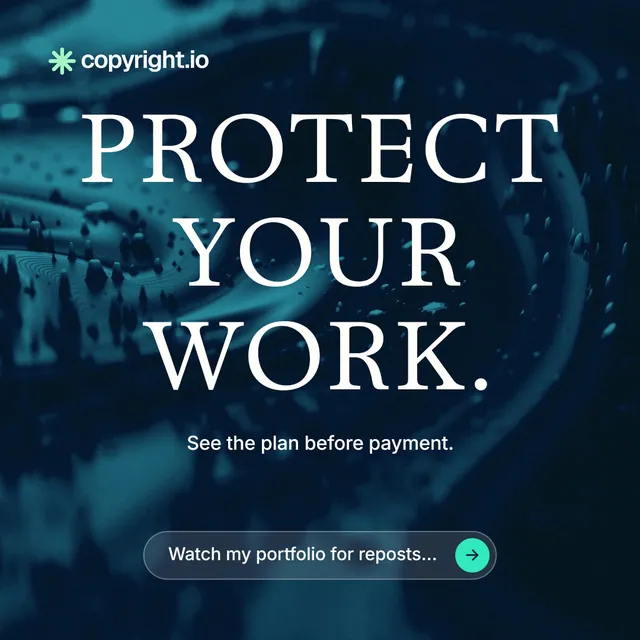 Instagram post for copyright.io: "Protect your work." Agentic glass style, centred layout, dark palette in blue, black.