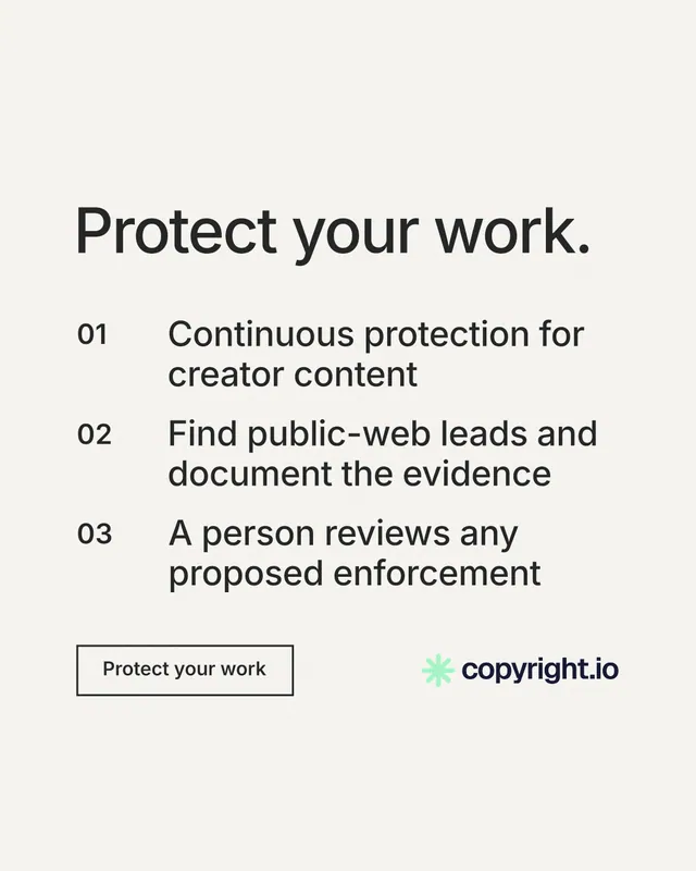 Instagram portrait post for copyright.io: "Protect your work." Editorial style, numbered layout, light palette in white, grey.
